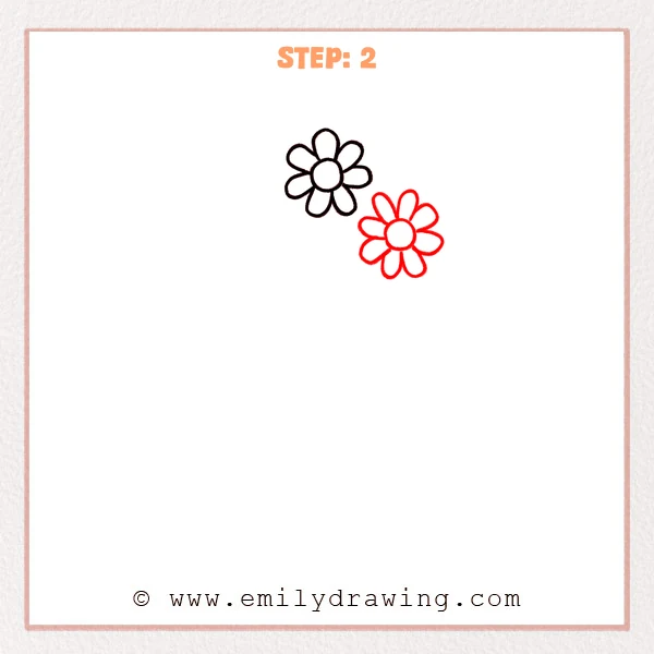 how to draw a flower vase - Step 2 of how to draw a flower vase: a second flower is added next to the first, forming a simple bouquet top.